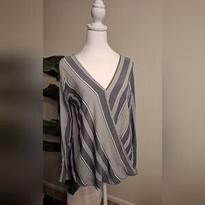 Alythea Charcoal Navy and White Striped V-Neck Blouse